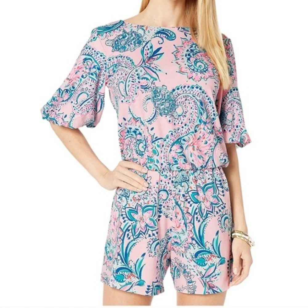 Lilly Pulitzer Pink Blue Paisley Print Romper XXS Resort Preppy Coastal Vacation